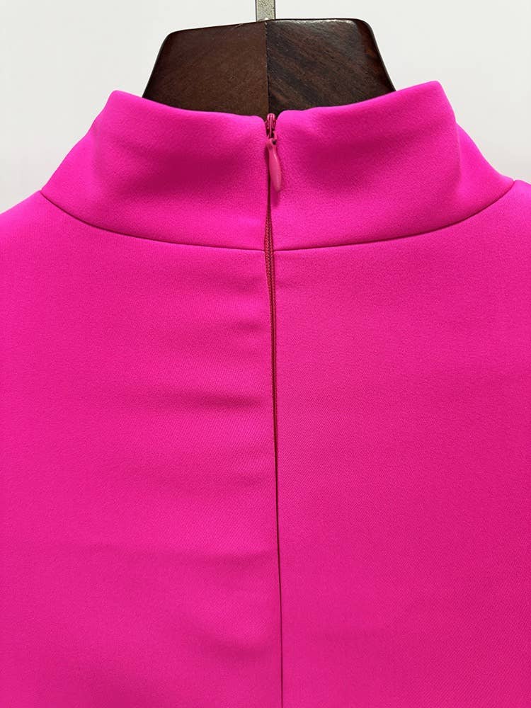 Fuchsia Long Sleeve Satin Ruffle Cuff Gown