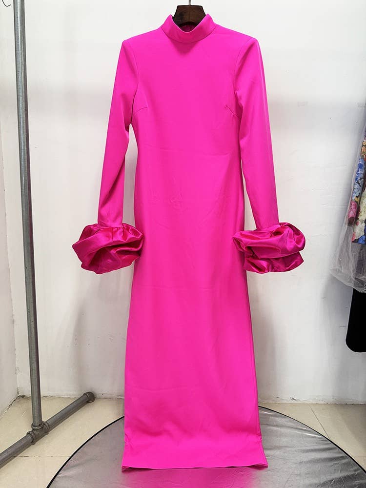 Fuchsia Long Sleeve Satin Ruffle Cuff Gown