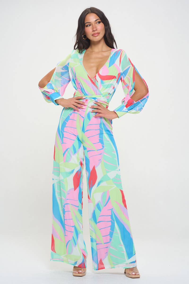 Colorful Palm Split Sleeve Jumpsuit