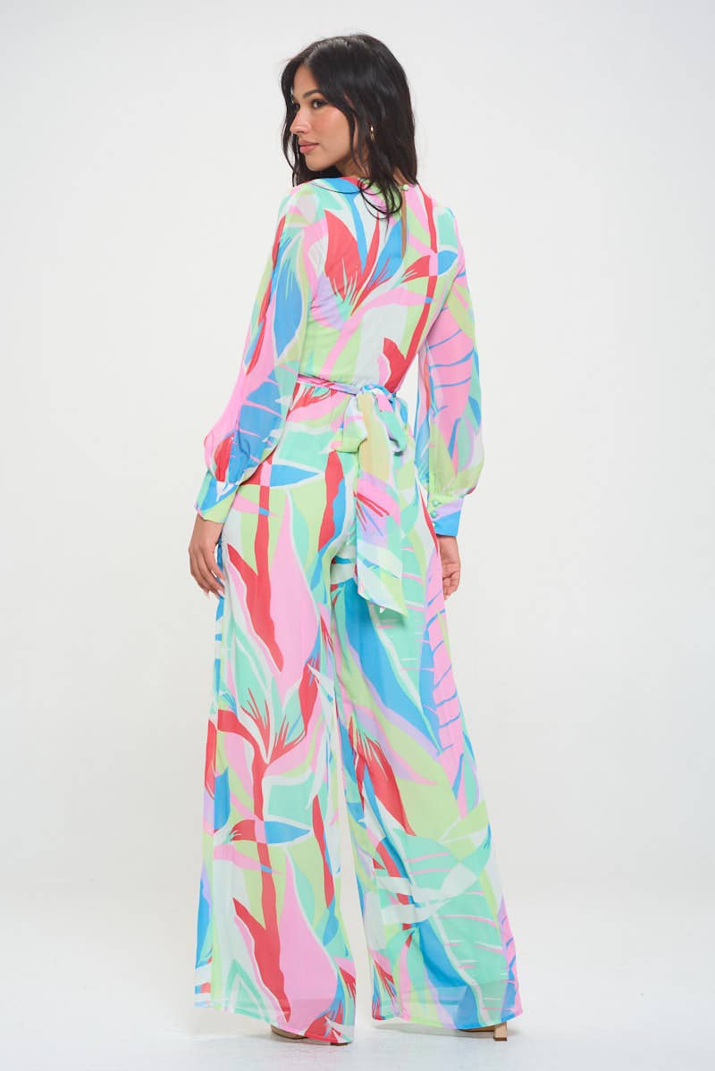 Colorful Palm Split Sleeve Jumpsuit