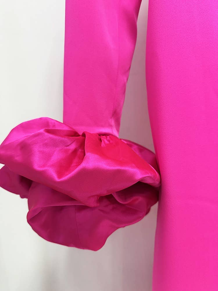 Fuchsia Long Sleeve Satin Ruffle Cuff Gown