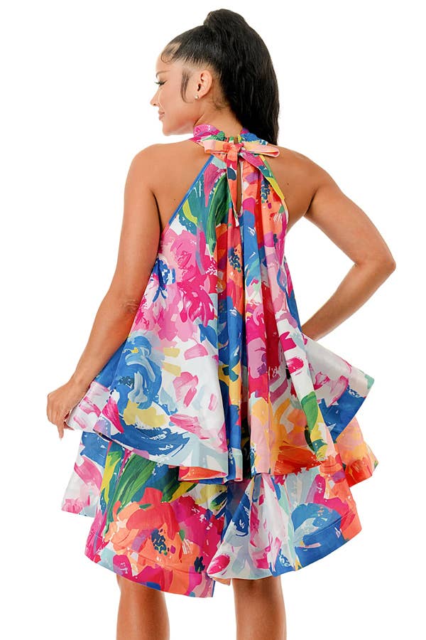 Multicolor Floral Halter Ruffle Dress