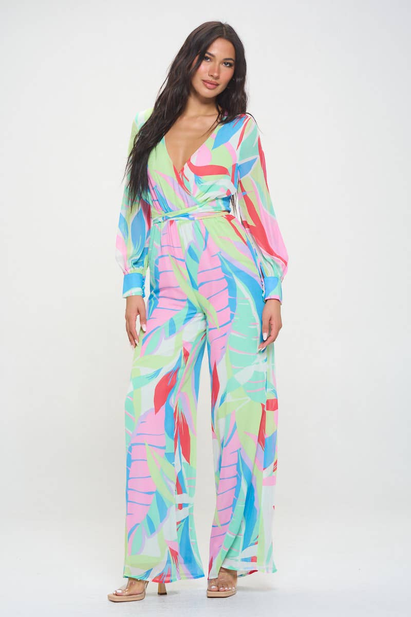 Colorful Palm Split Sleeve Jumpsuit
