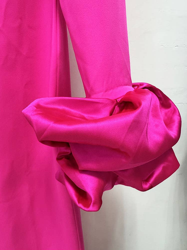 Fuchsia Long Sleeve Satin Ruffle Cuff Gown