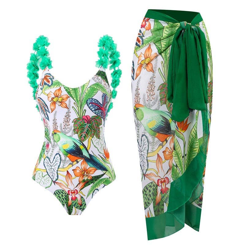Two-Piece Printed Swimsuit With Chiffon Cover-Up