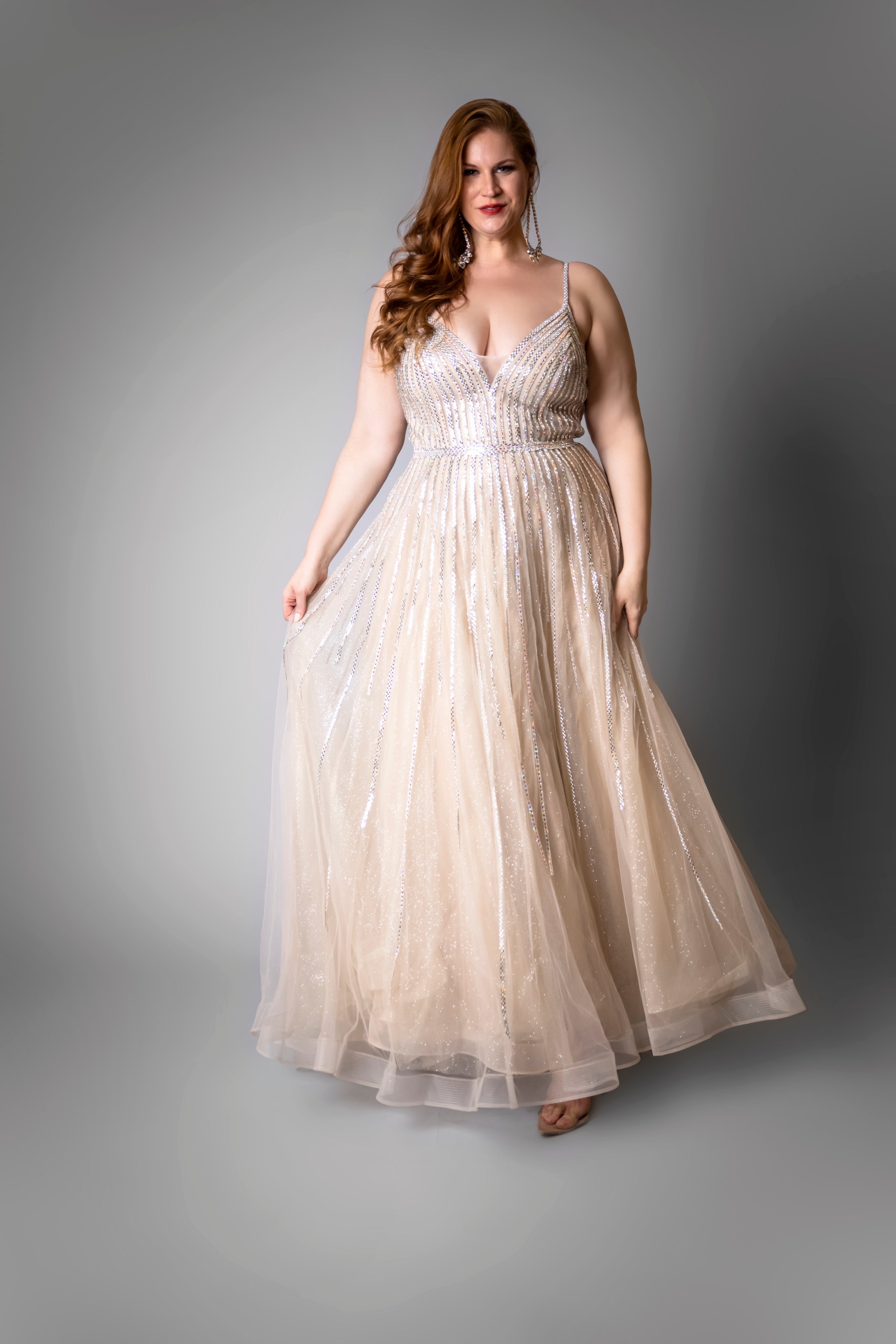 ‘Crystal’ Beige Rhinestone Striped Gown