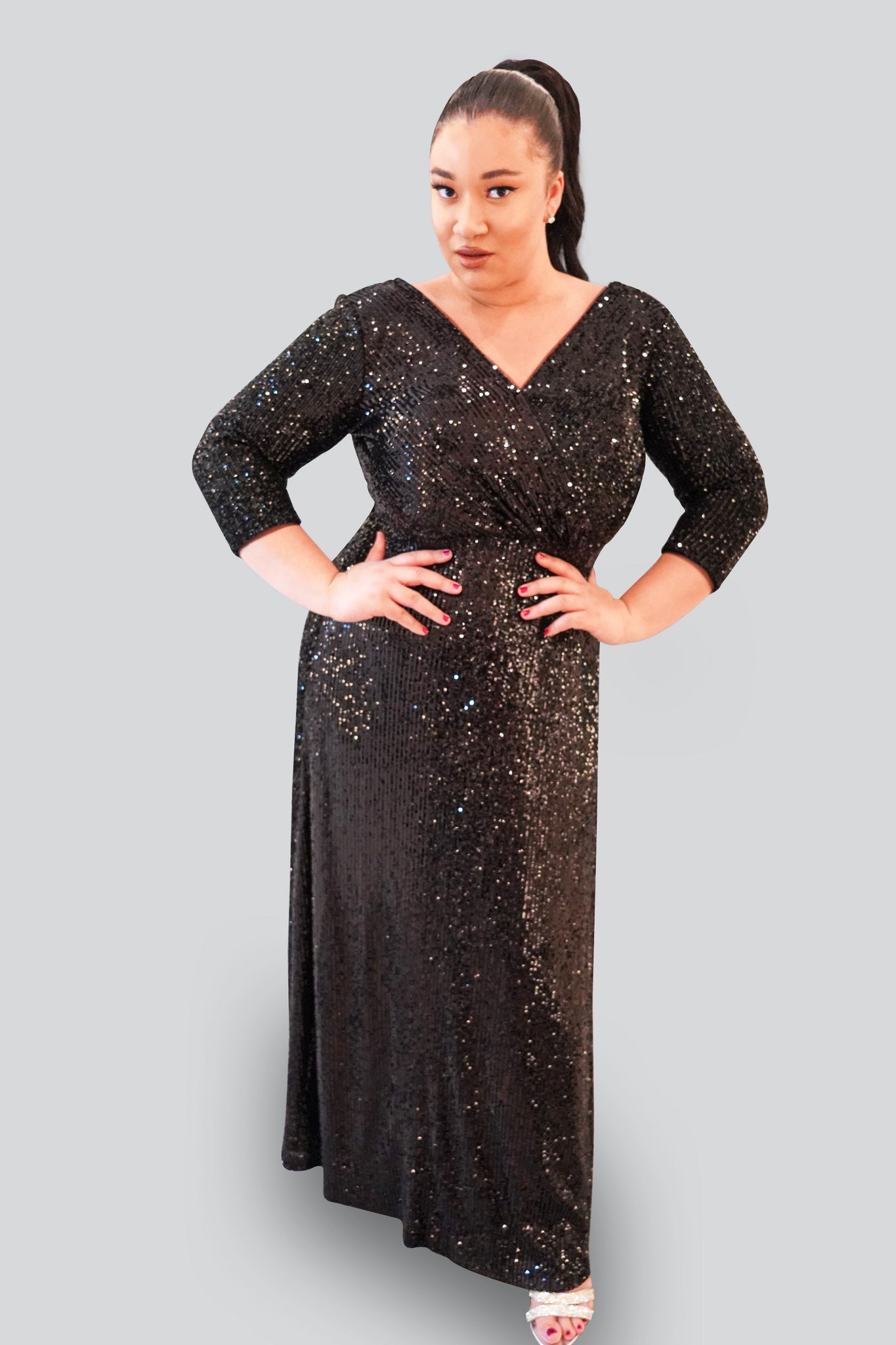 'Jacqueline' Sequin Long Sleeve Gown- Front 