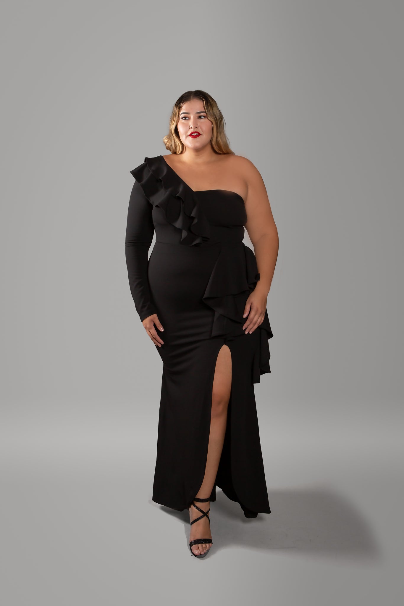 'Esther' One Shoulder Ruffle Gown