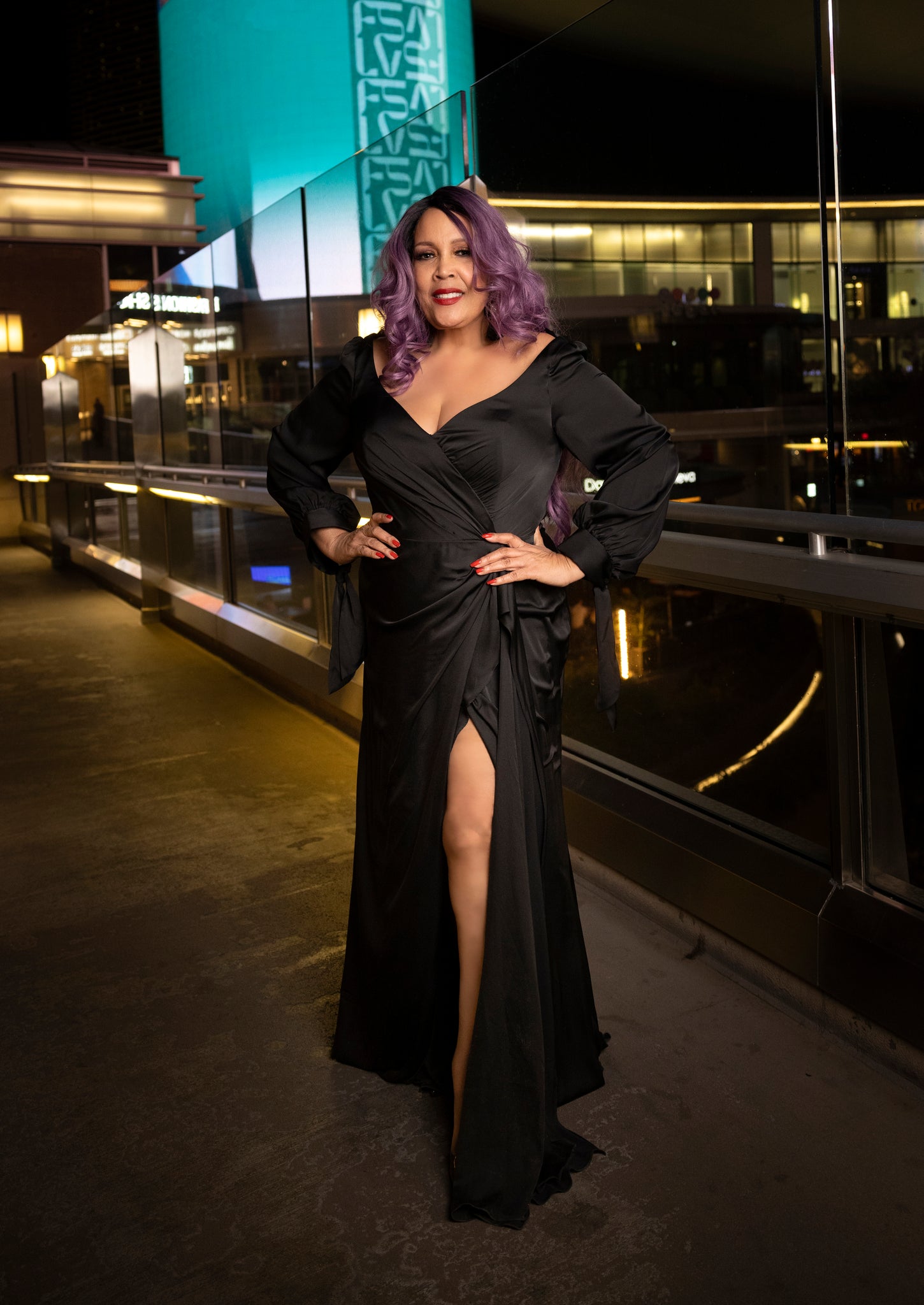 'Lorena' Satin Bow Sleeve Gown W/ Slit- Front