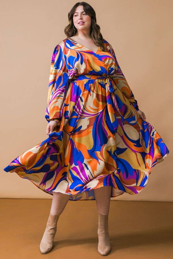 'Fern' Satin Print Midi Dress-Front Flared Out